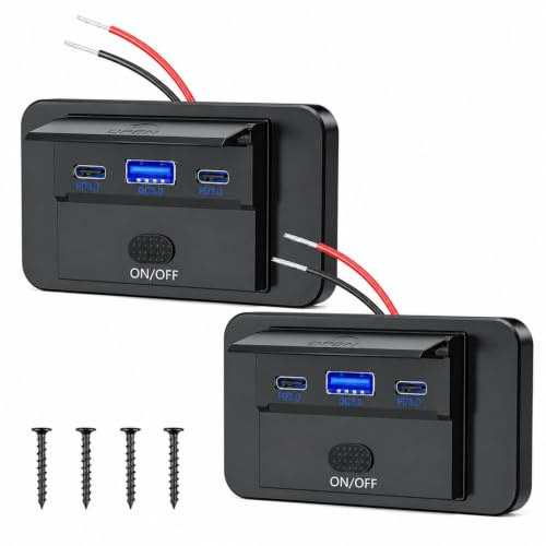 90W Toma USB 12V Cargador de Coche, Doble PD 36 W y QC 3.0 18 W, 2 Unidades | Mechero Panel Cargador de Repuesto con Interruptor, Rápido Múltiples Puertos para Coche para 12V/24V Bus Marina Motocicleta