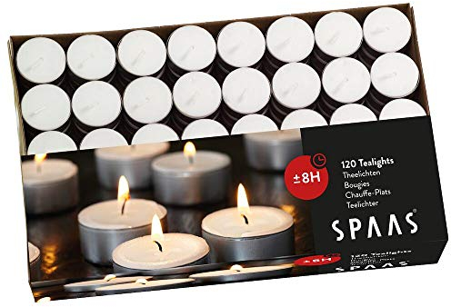 Spaas Tealights Box x120, ± 8 Hours-White Teelichter 120er-Pack, ± 8 Stunden-weiß, Paraffinwachs, D 39 mm x H 22 mm, 120
