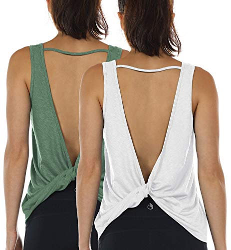 icyzone Damen Sport Tank Top Rückenfrei, Fitness Yoga Shirt Ärmellose Gym Sport Oberteil, 2er Pack (XL, White*/Green*)