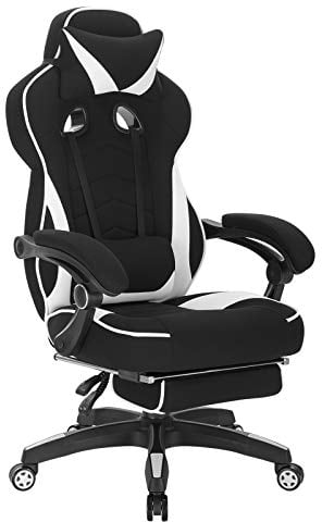 WOLTU Gaming Stuhl Stoff Stoff Kühl im Sommer Ergonomischer, 150 kg Belastbarkeit, Verstellbarer Rückenlehne, Ergonomische Lendenstütze, Fußstütze, Büro- & Game-Sessel, Schwarz+Weiß