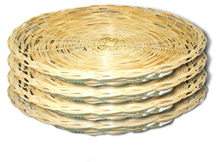 Myuilor 4pcs Brown Wicker Bamboo Paper Plate Holders, 10in Diameter, Hand-woven Bamboo, Reusable, Microwave-safe, Picnic & Indoor Use