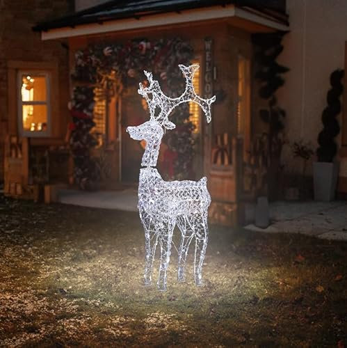 Garden Mile Large Pre-Lit LED Christmas Reindeer Rope Light Silhouette Outdoor Mains Powered Cool White Light Up Xmas Stag Decoration Display for Home & Garden