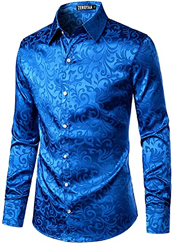 PARKLEES Chemise de luxe à manches longues en jacquard pour homme, coupe ajustée, en satin imitation soie, imprimé floral, chemises pour mariage, bal, bleu marine, XL