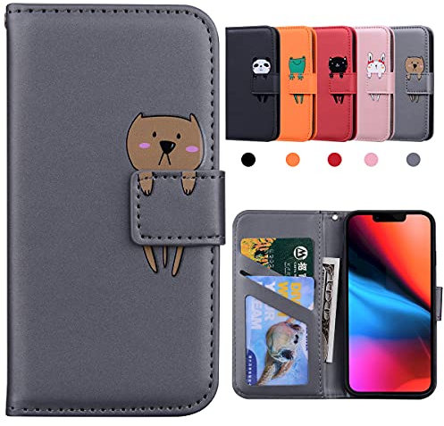 Cover iPhone 13 Apple, Custodia iPhone 13, Cartoon Cute, iPhone 13 Cover, iPhone 13 Case Flip Portafoglio Cover per iPhone 13(6.1) con Kickstand Fuction, Slot per Schede -Orso, Grigio