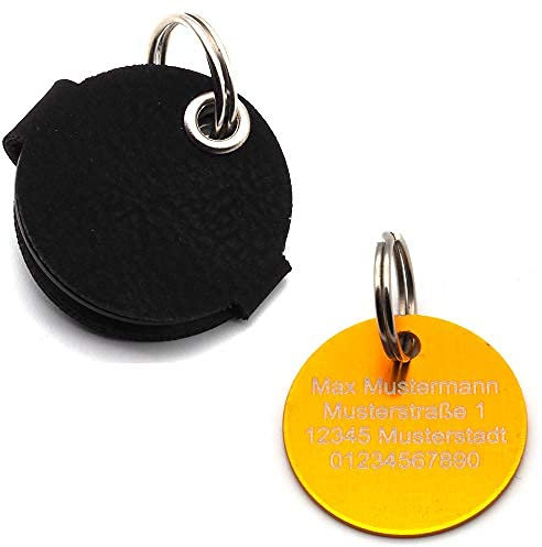 CopterFarm Hundemarkentasche für Hunde am Halsband | mit Gravur, Druckknopf | Kunstleder, Echtleder | Hundemarke | individuell beidseitig graviert (Schwarz mit Marke, Gelb)