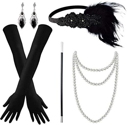 baotongle 1920er Damen Flapper Accessoires Zubehör-Kostüm Set 1920er Jahre Mode Stirnband Halter Lange Handschuhe Perlenkette für Damen