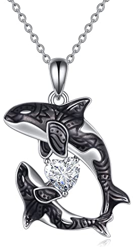 POPLYKE Killerwal Halskette Sterling Silber Orca Herz CZ Anhänger Kette Ozean Schmuck Geschenke für Frauen