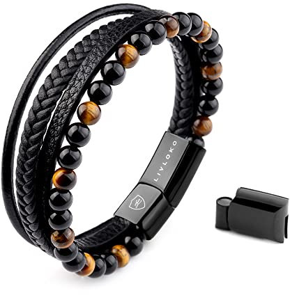 LIVLOKO Mens Bracelet Leather Black Multi-Layer Bracelet for Men Magnetic Clasp Rope Wristband Mens Gift for Boyfriend (Medium to Large 20-22cm, A. 19-22cm Black Leather Tiger-Eye Adjustable)