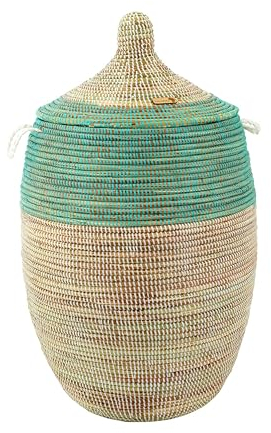 YAADU Wäschekorb mit Deckel 100L – Großer Wäschesammler mit Deckel, Geflochtene Wäschetonne, Boho Wäschekorb mit Henkeln, Wäschebehälter für Schmutzwäsche, Modell Napata (Türkis)
