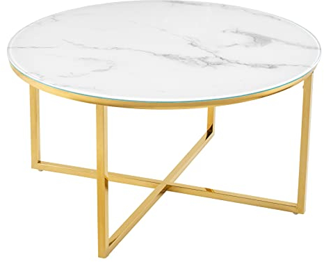 riess-ambiente.de Eleganter Couchtisch Boutique 80cm weiß rund Kristallglas mit Marmor-Dekor goldenes Gestell