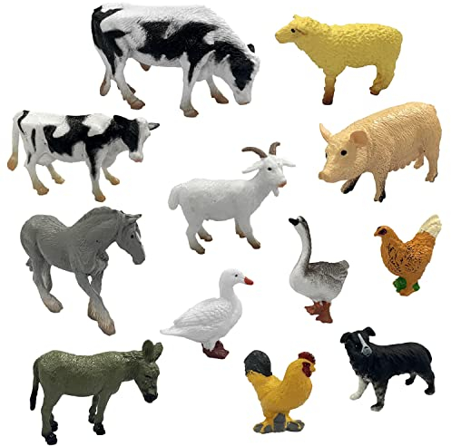 PFLYPF 12 stück Nutztierstatuen, Mini-Nutztiere, Tierspielzeug aus Kunststoff, Simulation von Nutztieren, Miniaturen von Kleintieren wie Hühnern, Enten, Gänsen, Kühen usw
