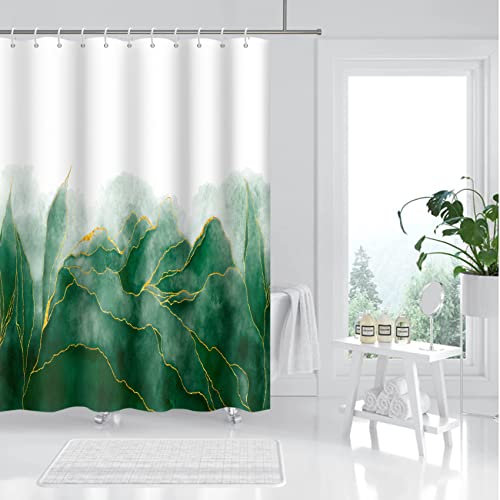 MIRRORANG Grüner Marmor Duschvorhang,Aquarell Botanische Duschvorhang Sets mit Haken für Badezimmer Home Decor,Grün Goldene Linien Gestreiftes Gewebe Wasserdichtes Polyester,183x183cm