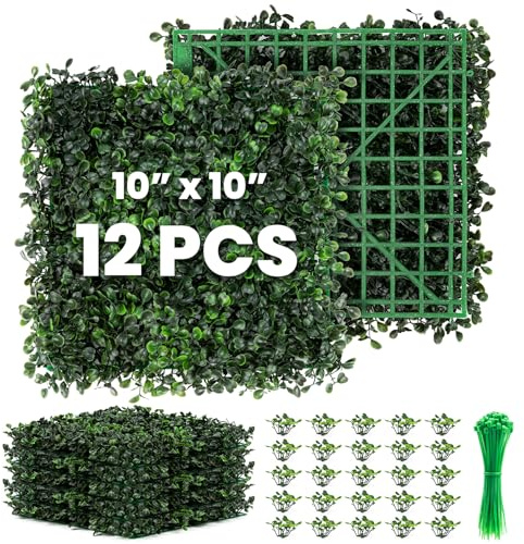 Ticanros Grass Wall 12 Pack 10x10 Artificial Boxwood Hedge Wall Panels, Privacy Hedge Screen Faux Boxwood for Outdoor,Indoor,Garden,Fence,Backyard,Greenery Walls