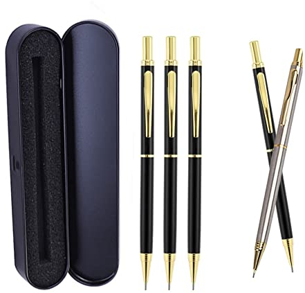 MROOFUL Porte-stylo mécanique de luxe entièrement en métal avec mine de 0,5 mm, doré, argenté, avec coffret cadeau, art, croquis, peinture, papeterie scolaire coréenne (doré)