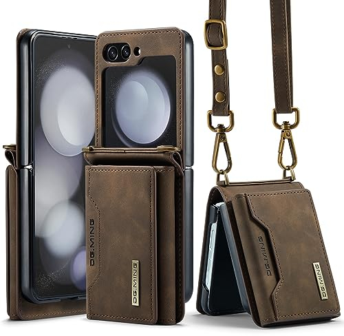 UDBKKDX Brieftasche Handyhülle für Samsung Galaxy Z Flip 5, hülle Mattes Leder mit Ständer Kameralinsenschutz stoßfest Kartenhalter Abdeckung mit Schultergurten case Cover