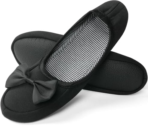 OFFCUP Ladies' Ballerina Slippers, 6.5UK-7UK House Shoes, Loafer Slippers with Elegant Bow and Memory Foam Cosy Lightweight House Shoes with Anti-Slip Soft Rubber Sole (Black)