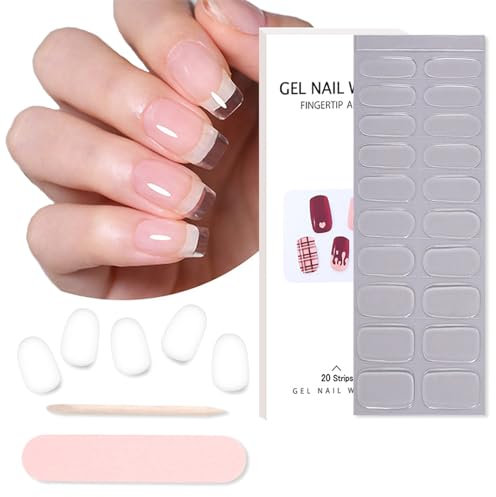 Semi Cured Gel Nail Strips - 20PCS Clear Semi Cured Nail Wraps - Long Lasting Gel Nail Stickers with Soft Glossy Gel Finish - Clear Tip Stickers French Manicure Stickers