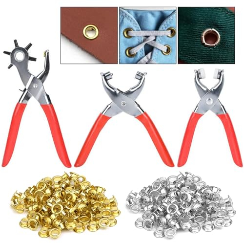 3 Pcs Hole Puncher Zangen-Set, Eiflayn GüRtellochzange Mit 6 Fach Locher,Druckknopfzange, öSenzange Mit 100 Stk. öSen 4 Mm,Druchknopfzange Mit 25 Stk DruckknöPfe 9 Mm, FüR GüRtel, UhrengüRtel, Stoff