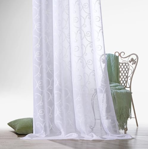 heimtexland Ösenschal Ranken Stickerei Leinen Optik Vorhang halbtransparent Gardine mit Ösen weiß Typ895 HxB 245x140 cm