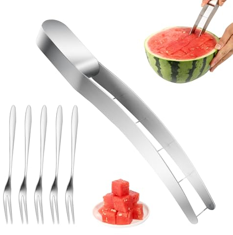 Cortador Sandía 5uds Tenedores Frutas, Rebanador Sandía Acero Inoxidable Herramienta Rebanar Frutas Rebanador Cubos Sandía Prácticos Cuchillos Frutas Cortador Melón Ensalada Utensilios Cocina