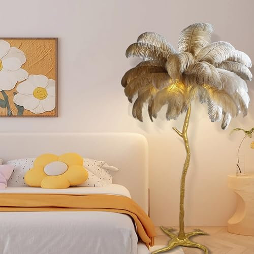 LED Floor Lamps Modern 170CM Feather Floor Lamp Gold Standing Lamp Resin Ostrich Feather Floor Lamp for Bedroom Living Room with E14 Bulb (Brown)