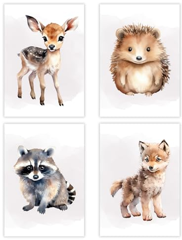 møij Bilder Babyzimmer Kinderzimmer 4er Set - Poster A4 ohne Bilderrahmen - Waldtiere - Deko Mädchen und Jungen
