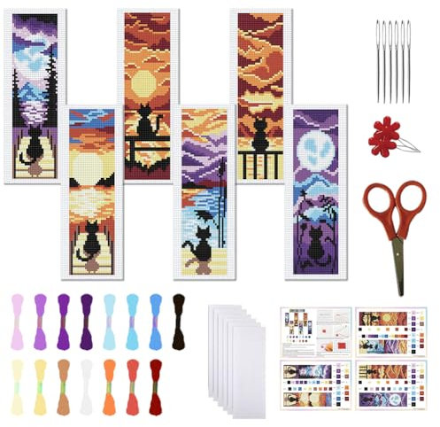FREEBLOSS 6 Set Kreuzstich Lesezeichen Gestempeltes Kreuzstich Mit Landschafts Und Katzenmustern Cross Stitch Set Mit Anleitung DIY Lesezeichen als Geschenk für Erwachsene 6x20cm