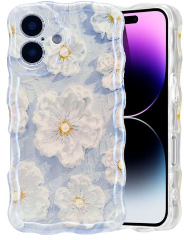 EYZUTAK Case for iPhone 16, Colorful Retro Oil Painting Flower Laser Glossy Pattern Cute Curly Wave Edge Exquisite Phone Cover Stylish Durable TPU Protective Case for Girl Women - Light Blue