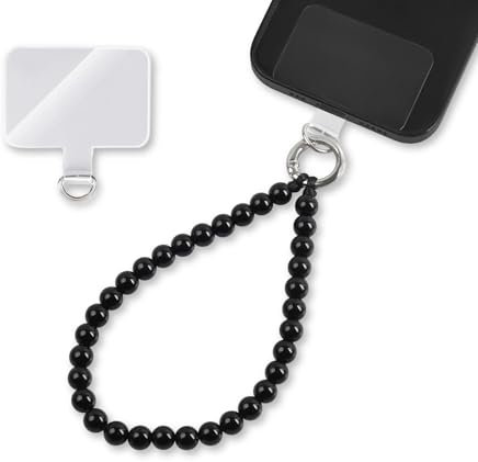 Collier pour portable avec perles noires court - Dragonne universelle pour portable avec patch pour chaque coque de portable | Longe pour portable à porter autour du cou (longueur 24cm)