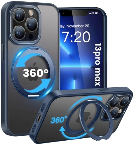 HuwaiH handyhülle für iPhone 13 pro max Hülle, [360° Magnetischer Ring Ständer ] [mit Mag-Safe] [Transluzente Matte] Stoßfeste Kratzfeste Schutzhülle für iPhone 13 pro max (Navy Blau)
