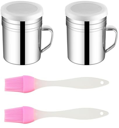2 Pcs Mesh Sieve Jars with Handles and 2 Pcs Silicone Oil Brushes, High Temperature Resistant Baking Brush, Stainless Steel Dusting Jar, Seasoning Powder Jar, Kitchen Tools