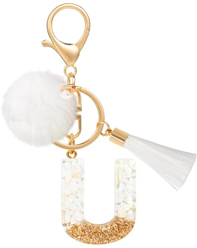 MWOOT Schlüsselanhänger Buchstabe U Bommel Quasten, Cute White Gold Keyring mit Namen, Schön Frau Personalisiert Keychain Auto Schlüsselanhänger, Tasche Dekoration Anhänger Schulanfang Geburtstag