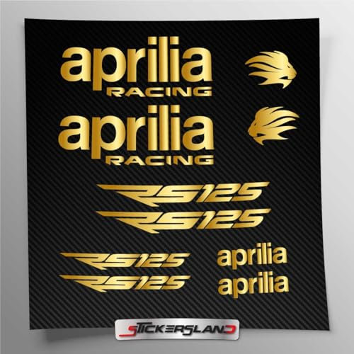 Aufkleber-Set kompatibel mit RS 125 New Tank und Motorradhelm Racing Factory, vorgeschnittenes Vinyl, einfache Anbringung, Schriftzug Logos, Stickersland® – Aprili (Gold Metallic glänzend)