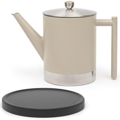 Bredemeijer doppelwandige Edelstahl Teekanne taupe 1.2 Liter - große isolierende Edelstahlkanne Set mit schwarzem Holz-Untersetzer & Teefilter-Sieb