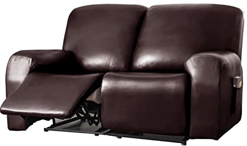 Stretch PU Leder Sesselbezug mit Taschen, wasserdichter Bezug für Wohnzimmer, Sessel und Sofas, dunkelbraun (2 Sitzer)