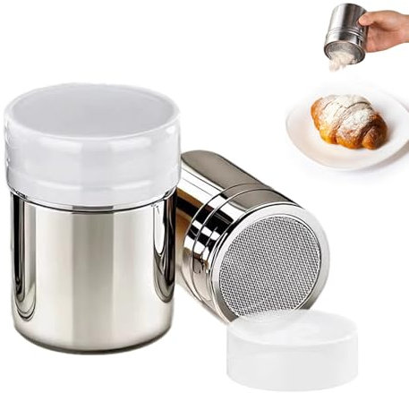 JKITNHJOT Set di 2 spargitore per zucchero a velo, con filtro e coperchio, in acciaio inox, adatto per cacao in polvere, zucchero a velo, farina, polvere di matcha, pepe (2 misure)