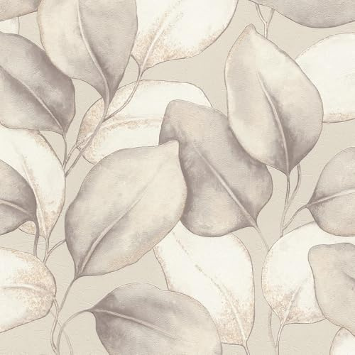 Rasch Vliestapete Große Blätter 'Incanto' - Vinyl-Tapete Botanisch in Grau Gold für ein natürliches Wohnambiente - Robust und Abwaschbar - 10,05 m x 0,53 m