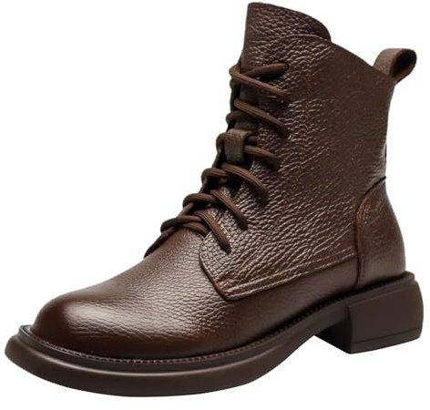 ANUFER Mujer Suave Cuero Genuino Botines Puntera Redonda Con Cordones Cremallera Lateral Botas