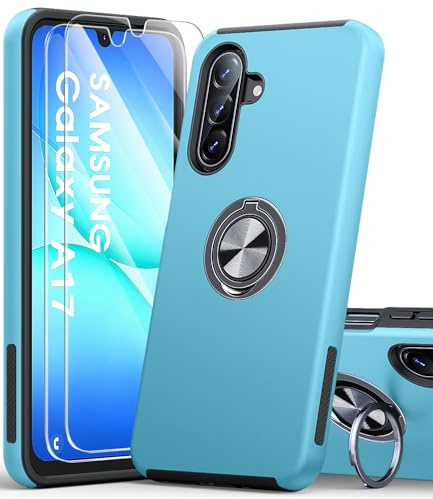 AOUIA for Samsung Galaxy A17 Case with 2-Pack Screen Protector, 3-in-1 Set Cover, 360°Rotating Ring Stand, Military Protection, Shockproof Phone Case for Samsung A17 5G, Sky Blue