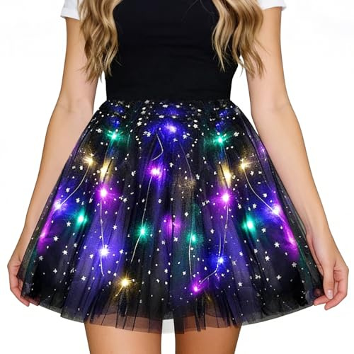 23GUANYI Tüllrock mit Lichterkette Karneval, Faschingskostüme Damen, Tüllrock Damen Erwachsene für Karneval Motto Party Ballett Fancy Dress Tutu Party Tanzen Fasching Cosplay Kostüm