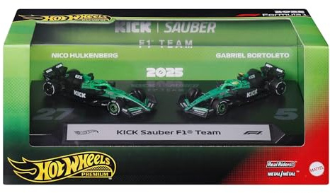Hot Wheels Premium F1 Kick Sauber Coffret de 2 Voitures de Course | Lot de 2 voitures de course jouets 1:64 avec n°27 Nico Hulkenberg et n°5 Gabriel Bortoleto, JMM92