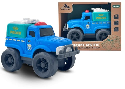 Cicili Spielzeug für Kinder, Mini Blau Polizeiauto, Kinderspielzeug LKW | ab 18 Monate, aus Weizenstroh‑Biokunststoff, BPA-Frei, Geburtstage Geschenk für Junge und Mädchen