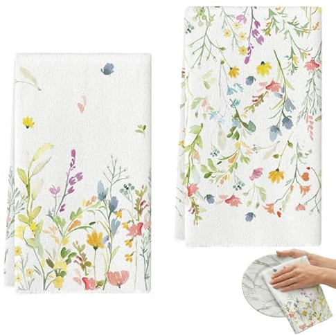 IHLOOTD 2er Set Frühling Küchentücher Wilde Blumen Geschirrtücher, Oster Küchentuch Baumwolle, Frühling Blumen Geschirrtuch, Küche Frühlings Dekoration (C)