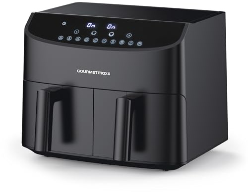 GOURMETmaxx Heißluftfritteuse Doppelkammer 2x 3,5L - Schwarz | Airfryer mit Timerfunktion, Touchdisplay & Synchro-Garzonen | energiesparend frittieren | 10 Programme | 2400 Watt