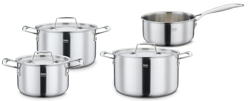Spring GOURMET Topfset 4 teilig mit Stielkasserolle und Deckeln, mehrschichtiges Edelstahl 18/0 außen 18/10 innen mit Aluminiumkern, induktionsgeeignet, 1,4 L 2,0 L 2,7 L 3,7 L Kochtopfset