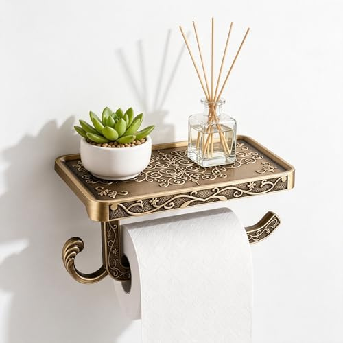 Vintage Wand Toilettenpapierhalter Bronze Ablage Haken Aluminium rostfrei | Rostfreier Aluminiumhalter mit antiker Optik, Ablage für Kleinigkeiten, gebogener Stab hält die Rolle sicher