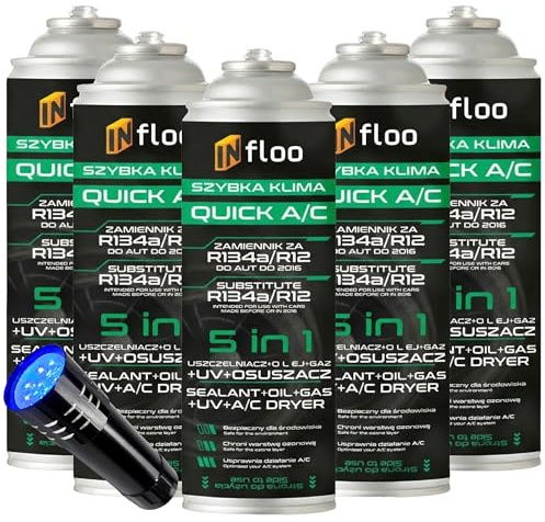 INfloo Quick A/C Remplaçant R134a 5en1, Lot de 5 Recharges Climatisation Auto 205 g avec Lampe UV, Gaz + Huile + Anti-Fuite + Traceur UV + Déshydratant, pour Voitures jusqu’à 2016