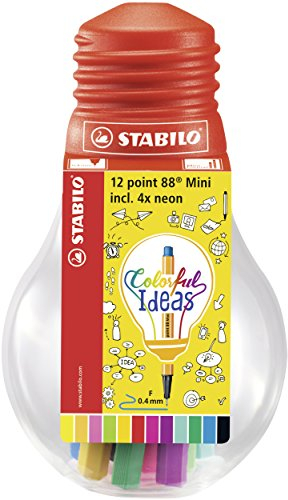Fineliner - STABILO point 88 Mini - Colorful Ideas - 12er Pack - mit 12 verschiedenen Farben in wiederverschließbarer Glühbirne