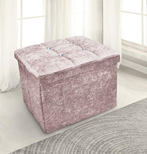 1 Seater Luxury Crushed Velvet Fabric with Diamantes Foldaway Ottoman Stool Blanket Box Bench 38cms x 38cms (Blush Pink)