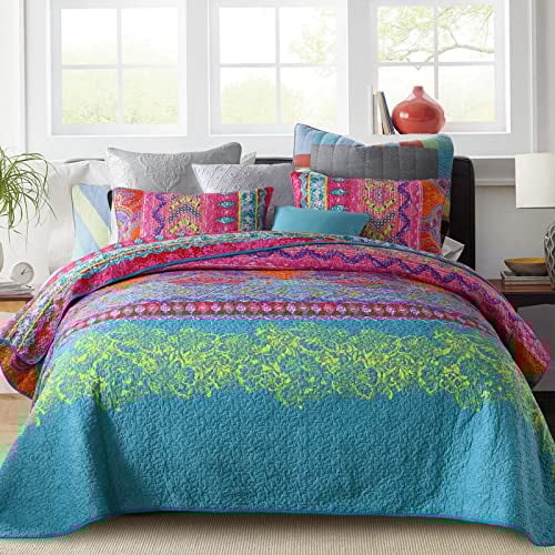 Qucover Boho Tagesdecke 220x240, Reversible A/B-Seite Bettüberwurf Set mit 2 Kissenbezüge 50x75cm für Doppelbett, Indische Doppelbett Bettüberwurf, Bunte Decke Sofa Überwurfdecke Wohndecke